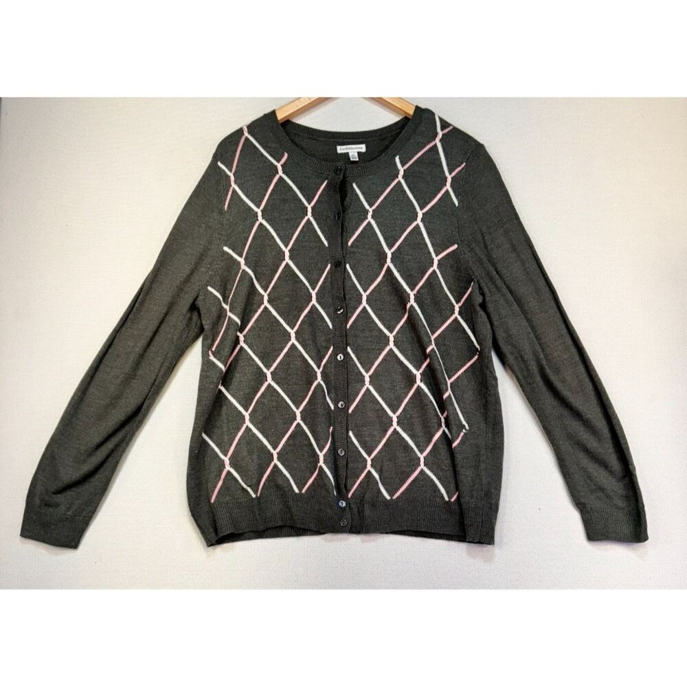 Croft & Barrow Womens Cardigan Sweater XL Gray & Pink Argyle Pattern Button-Up